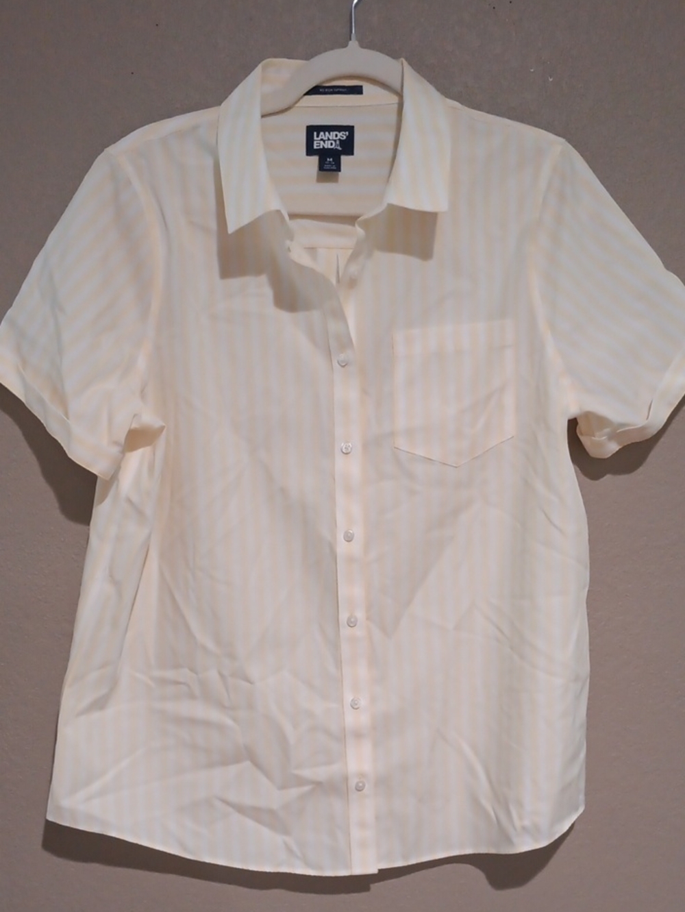 Lands' End 100% Cotton Womens Pale Yellow Stripe Short-Sleeve Button-Down Shirt